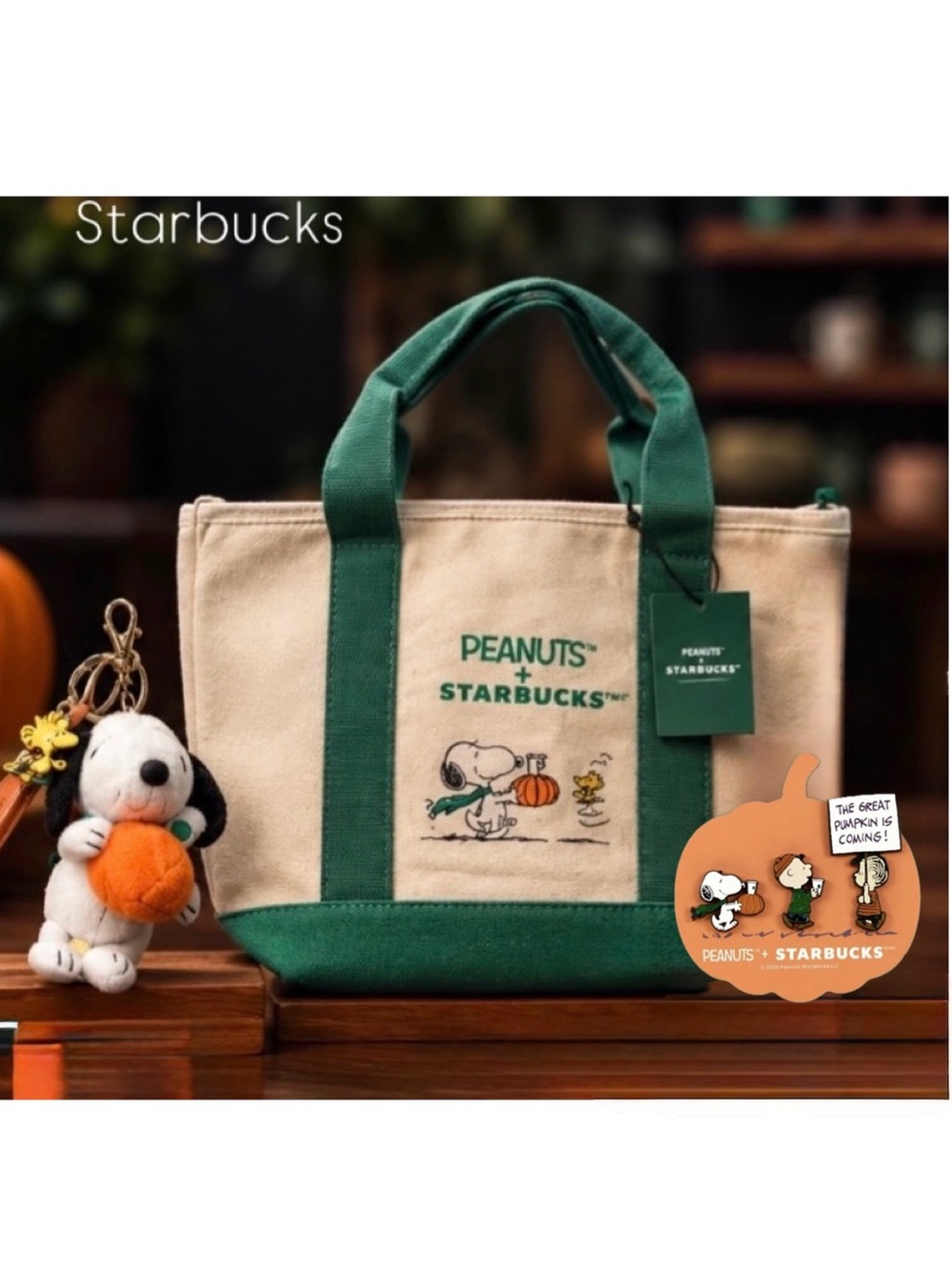 Starbucks x Peanuts Snoopy Tote, Bag Charm and Enamel Pin Set Lot